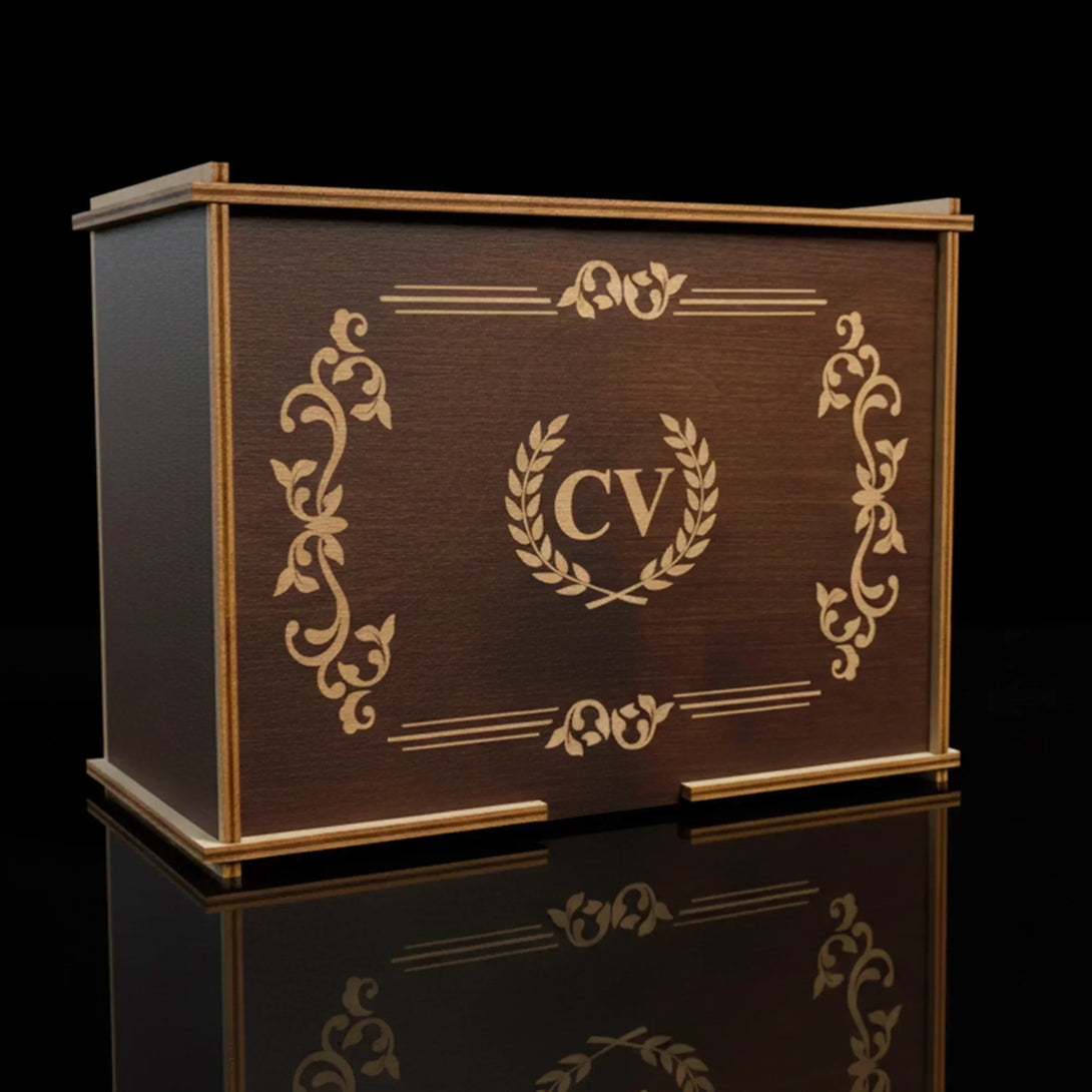 Personalized wooden gift box with engraved initials CV, for leather wallet and belt gift set for men