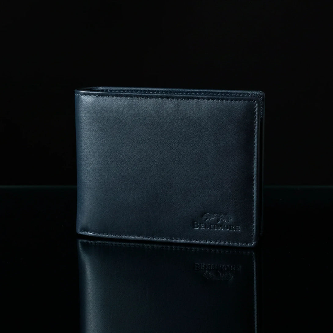 Personalized black leather wallet for men, minimalistic design with embossed logo