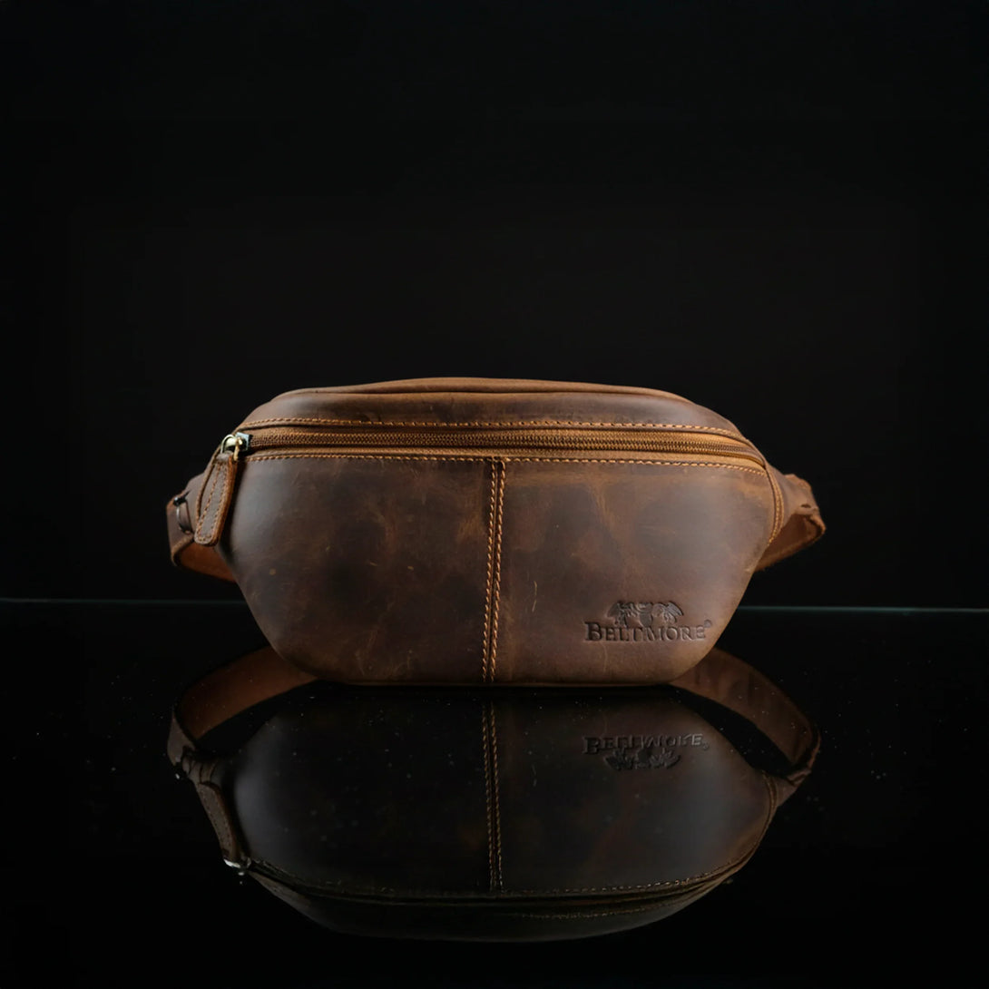 personalized brown leather fanny pack with zipper, ideal gift for men