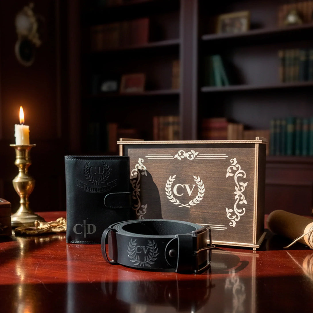 Personalized leather wallet and belt gift set for men with engraved initials on wooden box
